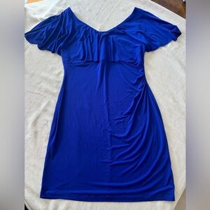 Connected Apparel Blue Off Shoulder Ruffle Dress Ruched Side Size 14P